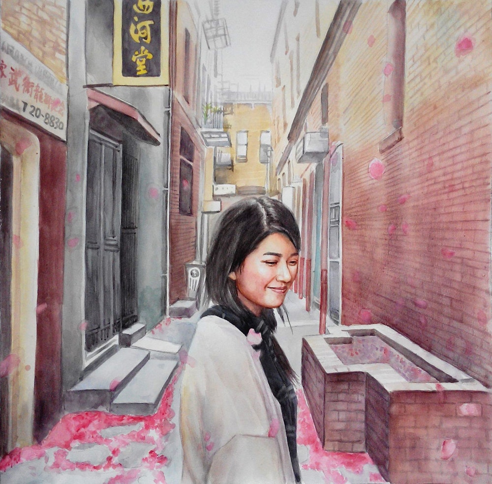 Custom Hand-Painted Girl in Chinatown Watercolor Painting Artist-Rendered Painting