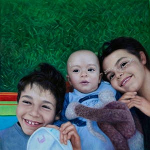 Custom Three Kids On Grass Oil Painting