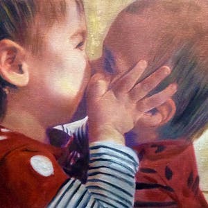 Custom Kissing Babies Mixed-Media Portrait Oil Painting