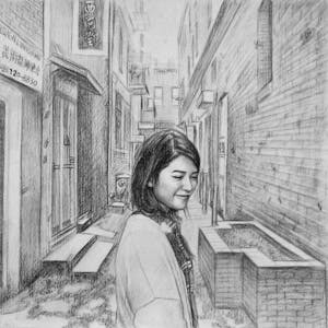 Custom Hand-Drawn Girl in Chinatown Charcoal Drawing