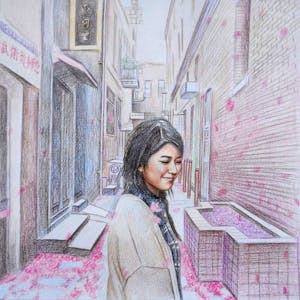 Custom Hand-Drawn Girl in Chinatown Colored Pencil Drawing