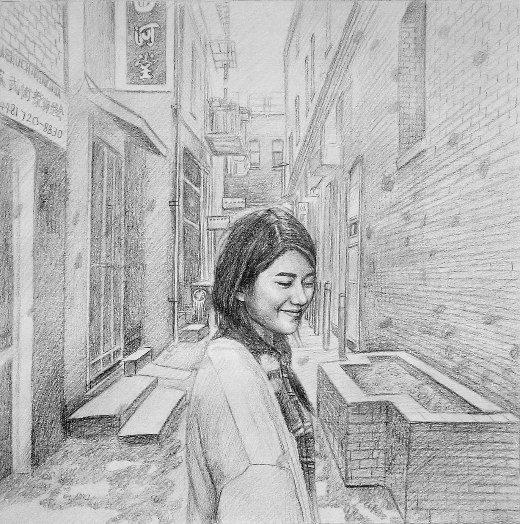 Custom Hand Drawn Girl In Chinatown Pencil Drawing