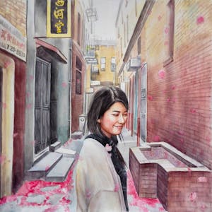 Custom Hand-Painted Girl in Chinatown Watercolor Painting