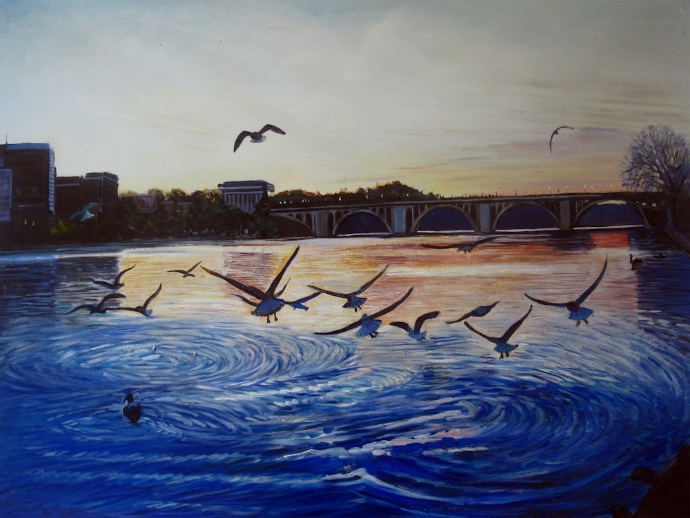 Custom River and Bridge Landscape Oil Painting Artist-Rendered Painting